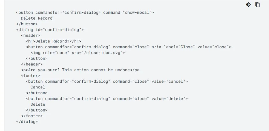 The original commandfor button and dialog example from Chrome for Developers